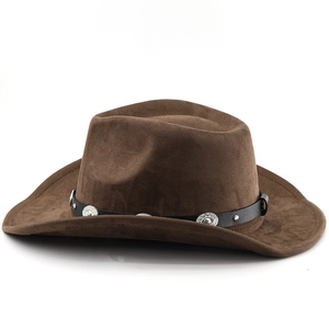 Detail of dark brown faux suede cowboy hat featuring black leather band and silver buckles