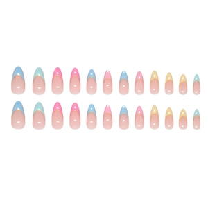 French rainbow ombre press-on nails in almond shape with gold line accents 24 pieces
