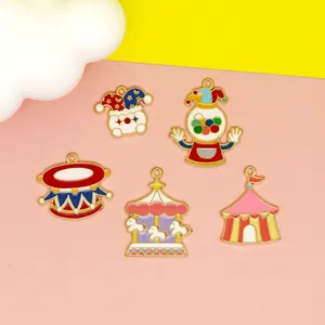Circus Theme Alloy Enamel Charms Cute Clown Carousel Tent Gold Plated Pendants For DIY Jewelry Making Keychain Decor