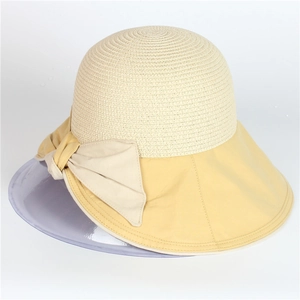 Damen Strohhut mit breiter Krempe und Schleifendekor in Beige und Gelb für Sommer
