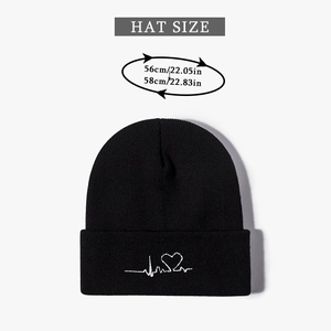 Unisex black knitted beanie with white heart rate embroidery for autumn and winter warmth