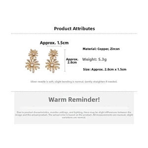 Detailed size chart showing double layer flower earrings with copper and zircon material