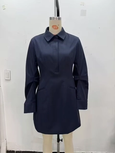 Detail of navy blue shirt dress showing structured collar and crisp pleated cuffs
