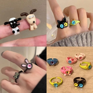 Cartoon Animal Open Rings Alloy Drip Oil Enamel Cute Cat Rabbit Eye Adjustable Finger Jewelry For Women Girls Novelty Fun