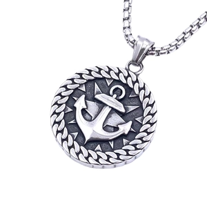 Anchor Pendant Necklace Stainless Steel Viking Compass Rose Round Medal Vintage Nautical Jewelry For Men Retro