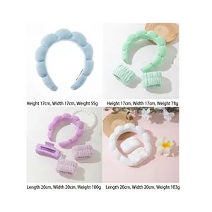 Plush sponge headband and wristband set for face washing in multiple pastel colors