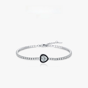 Heart Shape Black Enamel Tennis Bracelet For Women 925 Sterling Silver Cubic Zirconia Sparkling Adjustable Hand Jewelry