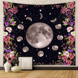 Bohemian moon phase tapestry with vintage floral roses for aesthetic room wall decor