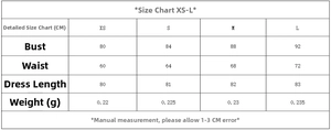 Detailed size chart for floral poplin dress covering XS to L with CM measurements