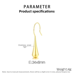 Detailed view of golden teardrop earrings in polished stainless steel with size specs