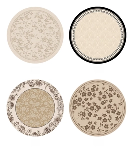 Detailed close-up showing four vintage round mats with intricate floral and geometric patterns