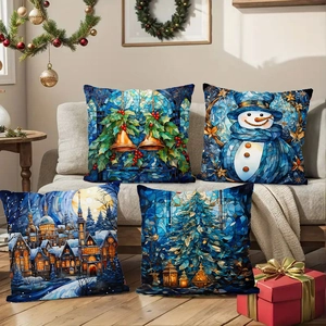 Set of four stained glass style Christmas pillow covers featuring snowmen and bells