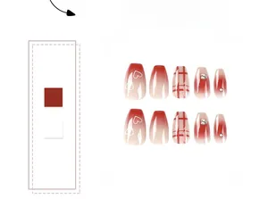 Detail of red gradient press-on nails featuring heart patterns and rhinestone accents