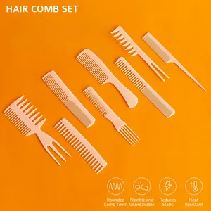 8-piece light pink hair comb set for styling and detangling on orange background