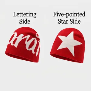 Reversible red streetwear beanie featuring white jacquard letter and star patterns