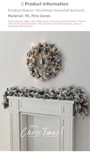 Close-up of snow-flocked Christmas garland with natural pine cones and metal bells