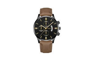 Close-up of black dial chronograph watch with brown leather strap and date display