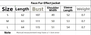 Detailed size chart for women's faux fur jacket including bust and length measurements