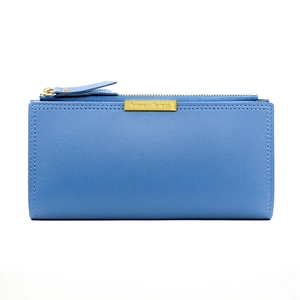 Blaue PU-Leder Geldbörse mit Gold-Reißverschluss und Forever Memory Metallschild auf Weiß