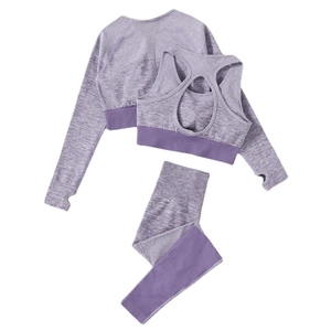 Ensemble de yoga 3 pièces violet sans couture pour femme avec haut long, brassière et legging
