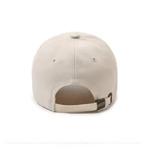 Detail view of cotton baseball cap back with adjustable fabric strap and metal buckle
