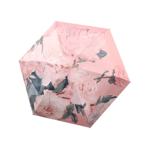 Mini oil painting umbrella with pink rose pattern and UV protection coating
