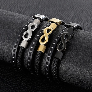 Men Multi-layer Braided Leather Bracelet Stainless Steel Infinity Symbol Charm Fashion Wristband Cool Jewelry