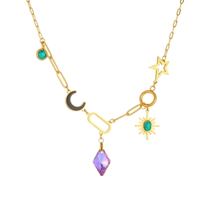 Collana in acciaio inossidabile dorato con ciondoli sole in turchese e luna su bianco