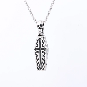 Gothic coffin pendant necklace with skull detail and cross motif in vintage silver finish