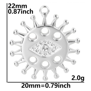 Detailed view of silver evil eye pendant with 22mm x 20mm dimensions and weight specs