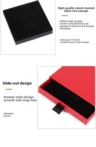 Detail of red drawer jewelry box with black velvet sponge insert for rings and earrings