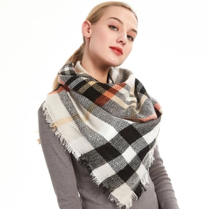 Plaid cashmere-like triangle shawl scarf with tassels in black white and orange