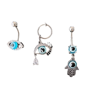 Lot de 3 piercings de nombril en acier avec œil bleu maléfique et pendentif hamsa