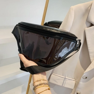 Minimalist black transparent PVC chest bag with adjustable strap and silver zipper