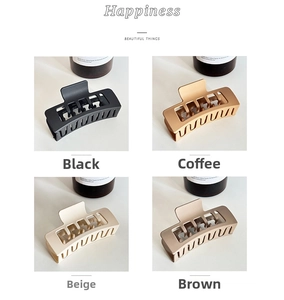 Detailed grid view of square hair claws in matte black, coffee, beige and brown