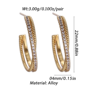 Detailed view of 22mm gold-plated C-shaped earrings with cubic zirconia and size specs