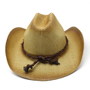 Classic straw woven Western cowboy hat with braided brown band and curved brim for sun protection