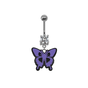 Detailed view of silver navel ring featuring a purple butterfly pendant and zircon stone