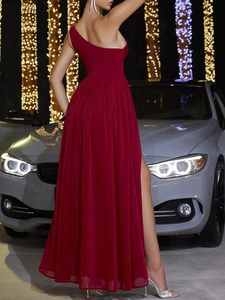 Elegant one-shoulder wine red slit party dress with shimmering glitter finish