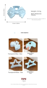 Detailed size specifications of light blue star and bow hair claw clips for women