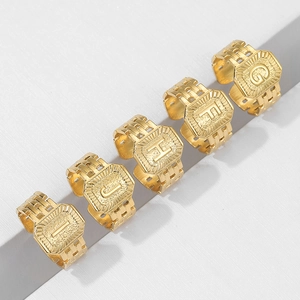 Vintage adjustable gold stainless steel initial rings with brushed metal square texture