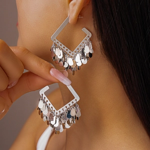 Chic 18K gold plated silver needle earrings with square frame and teardrop sequins
