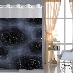 Detail of waterproof shower curtain with gold rose patterns and silver metal grommets