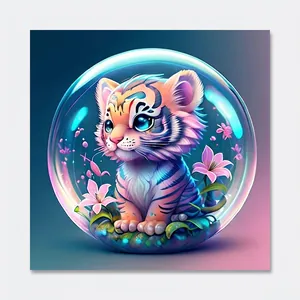 5D DIY diamond painting kit featuring a colorful cartoon tiger in a glass bubble