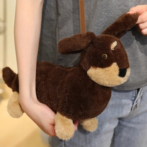 Cute Dachshund Dog Shaped Plush Crossbody Bag Adjustable Strap Faux Fur Animal Toy Shoulder Purse For Kids Girls