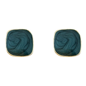 Minimalist square dark green stud earrings with elegant gold edges for women