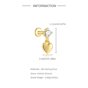Detail view of 925 silver heart stud earring with AAAAA zirconia and size dimensions