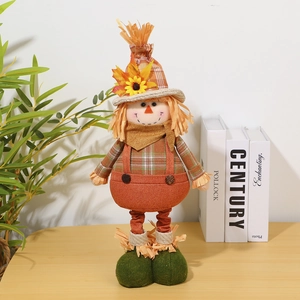 Standing scarecrow doll with telescopic legs on a wooden table for Thanksgiving decor
