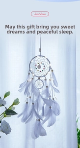 Macro detail of white dreamcatcher with LED lights and soft feathers for home decor
