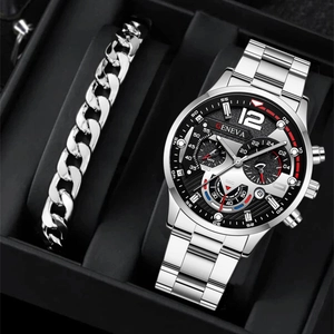 Business set with Geneva stainless steel watch and silver cuban chain bracelet in gift box